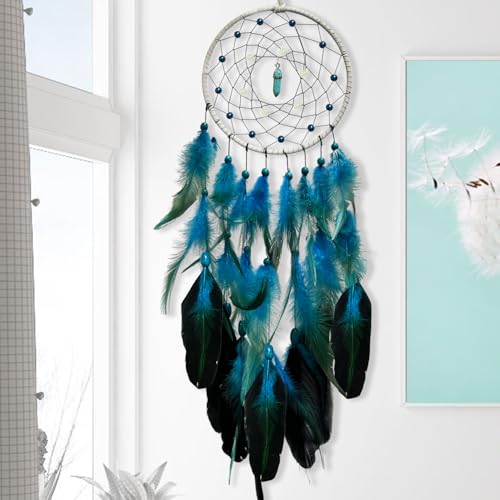 Blue Dream Catchers Luminous Dream Catcher for Boys Girls Kids Bedroom Handmade Nature Feather Decor Wall Hanging