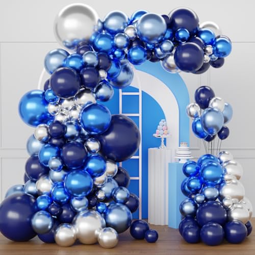Blue and Silver Balloons Arch Kit, 129Pcs Navy Blue Metallic Blue Balloons Different Size for Birthday Graduations Party Decorations