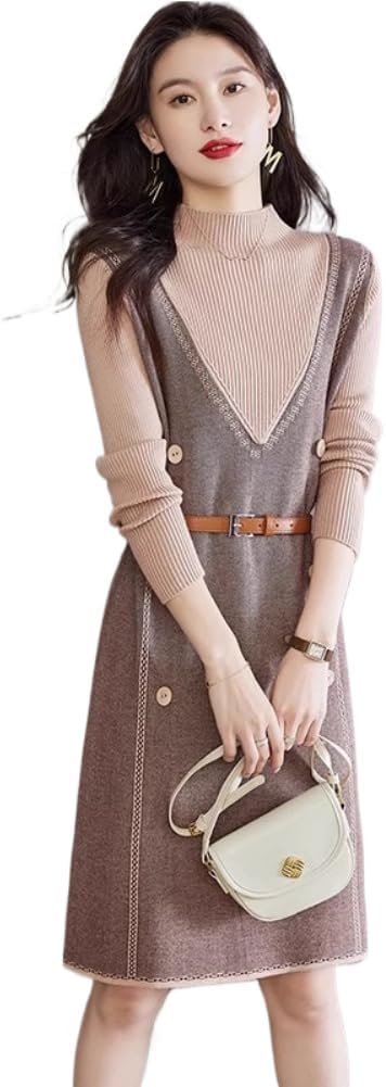 LIXINGHEITANG Autumn and Winter Dress Women's Loose Two- Sweater Long-Sleeved Knitted Skirt