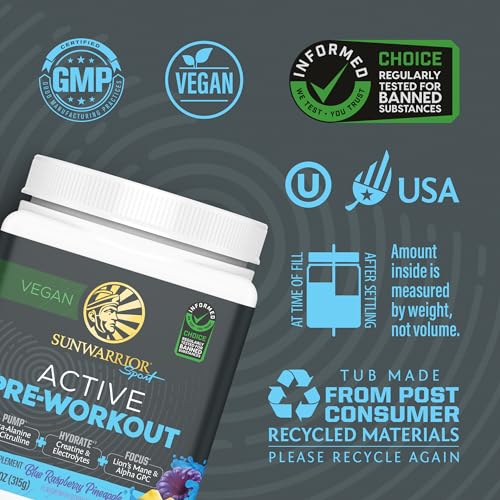 Pre Workout Powder Energy Drink | Vegan, Plant-Based, Pre-Workout Supplement | Pump, Hydrate, Focus, Endurance, & Strength Builder | Blue Raspberry Pineapple Flavored | 30 Servings | Active Preworkout