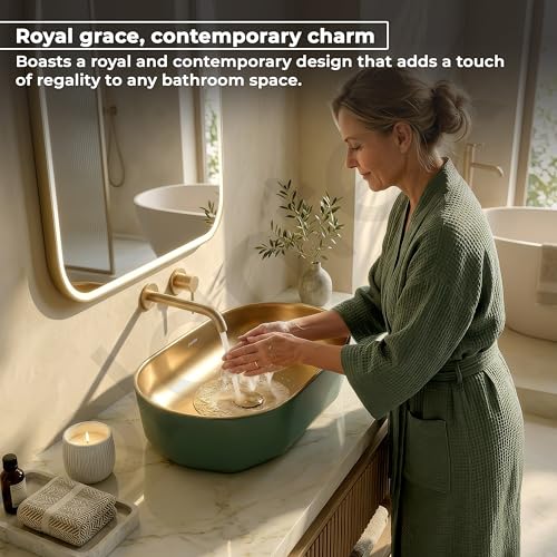 Image of Plantex Designer Wash Basin for Bathroom /Ceramic Table Top Washbasin /Countertop Vessel Sink Basin - (Green Gold, 22 x 13 x 6 Inch)
