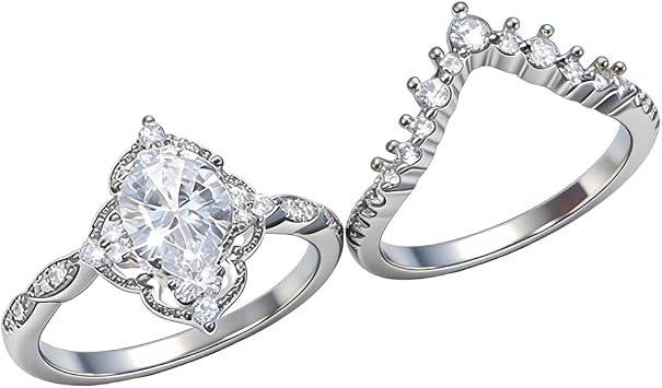 Platinum Plated Teardrop CZ Solitaire Engagement Ring Set Pear-shaped Bridal Rings Sets for Women Wishbone V Cubic Zirconia Stackable Simulated Diamond Eternity Wedding Promise Band 6#