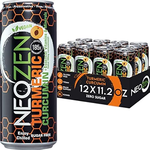 NEOZEN Turmeric Curcumin Sparkling Drink - Peach Flavor Natural Sport Beverage - Zero Sugar, Gluten-Free, Caffeine-Free, Low Calorie, Vegan & Keto Friendly, 11.2 fl oz (12 Pack) Cover