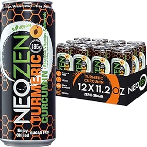 NEOZEN Turmeric Curcumin Sparkling Drink – Peach Flavor Natural Sport Beverage – Zero Sugar, Gluten-Free, Caffeine-Free, Low Calorie, Vegan & Keto Friendly, 11.2 fl oz (12 Pack)