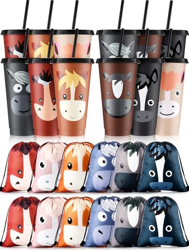 Mifoci 24 Pcs Horse Party Favors Supplies 12 Plastic Cups with Lids and Straws and 12 Drawstring Backpack 24oz Reusable Tumble Water Bottles Bag for Horse Themed Party Decorations
