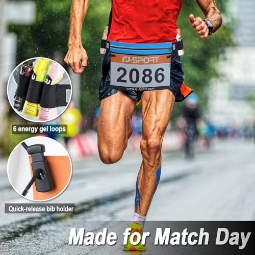 RJ-Sport Laufgürtel für Handy - wasserdichte Lauftasche, Sportgürtel Hüfttasche, Triathlon Startnummernband Laufgurt mit Bauchtasche & Verstellbarem Gummiband & Nummernhalter &6 Gel-Halter (Schwarz)
