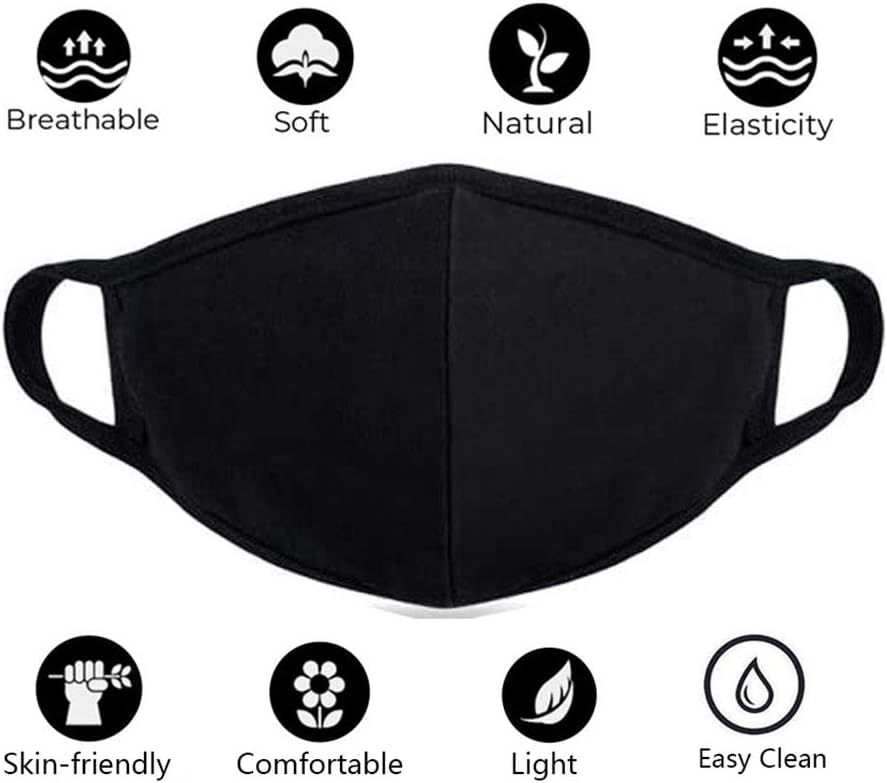 comfso 8 Pack Organic Cotton Face Cover Washable and Reusable - Black Travel Face Mask, Mouth Protection Cloth Masks with Nose Bridge Wire - Soft Fabric for Women Men Outdoor