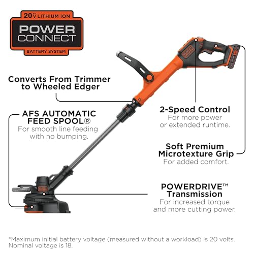 Image of BLACK+DECKER 20V MAX Cordless String Trimmer and Edger, 12 Inch Weed Eater, 2-Speed Control Weed Wacker, 2 Batteries, Charger and Spool Included (LSTE525)