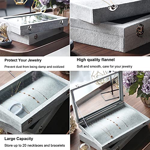 Stylifing Necklaces Storage, Velvet Jewelry Box for Necklaces Display Clear Lid, Necklace Holder 20 Hooks Jewelry Tray for Necklaces Bracelet, Stackable Showcase Storage Box Lockable, Gifts for Girls Women - Thumbnail 3