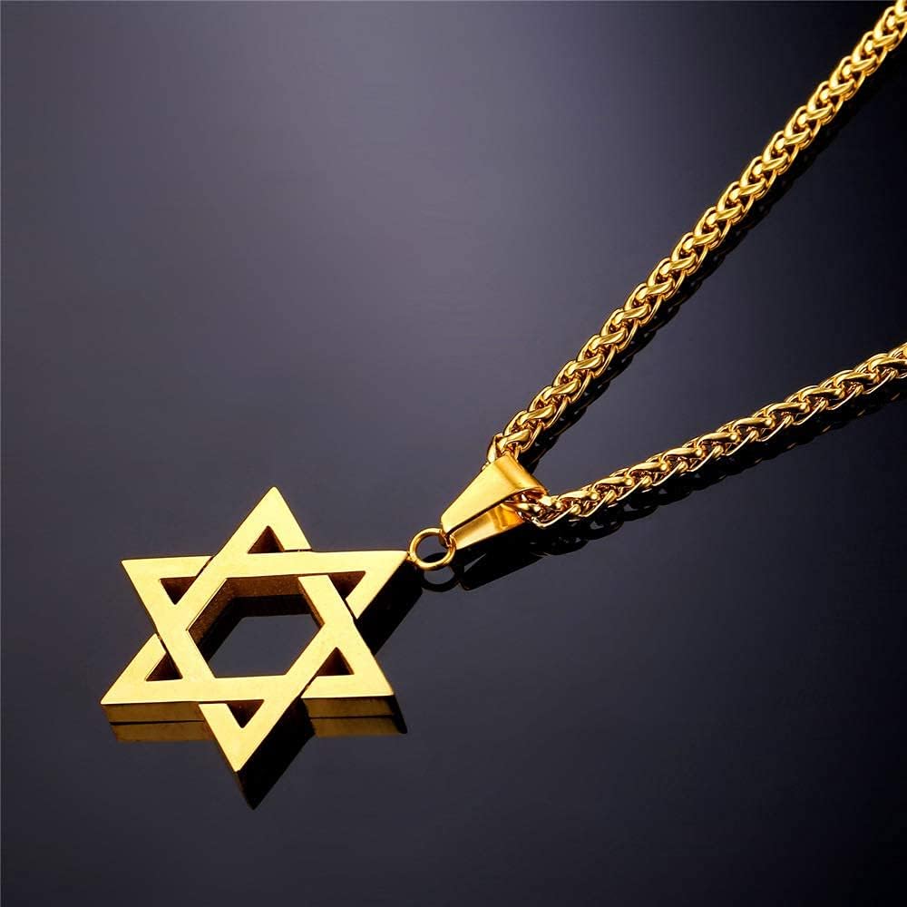 U7 Star of David Necklace for Men Women Gold/Stainless Steel Hexagon Pendant with Cross/Ruby Stone/Classic Jewish Isael Necklaces, Length 22" 24" 26"