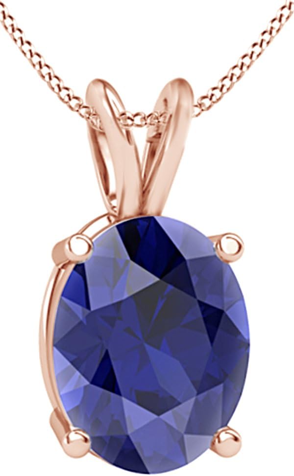 AFFY Oval Cut Simulated Blue Sapphire Solitaire Pendant Necklace In 14K Gold Over Sterling Silver