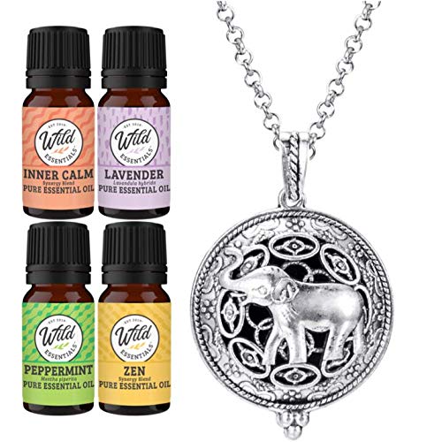 Wild Essentials Elephant Necklace Personal Aromatherapy Diffuser Gift Set with Made in USA Pure Essential Oils (Lavender, Peppermint, Calm, Zen) Nicekl Free Alloy Pendant, Chain, 12 Pads