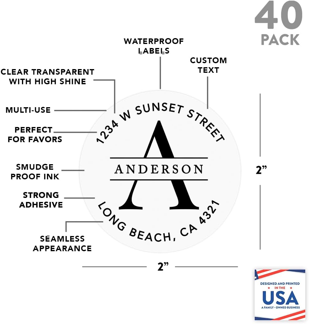 Andaz Press 2" Round Clear Personalized Wedding Return Address Labels with Black Ink, Custom Monogram Transparent Envelope Sealer, Self-Adhesive Mailing Sticker Labels for Wedding Invitations, 40-Pack