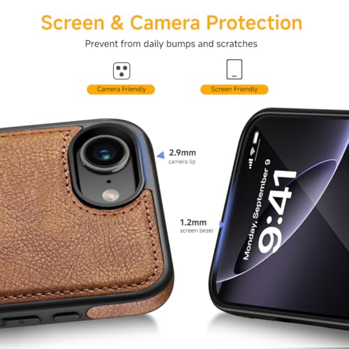 Razstorm for iPhone 16E Leather Case, Built-in Foldable Alloy Stand, Logo View Design Slim Shockproof Kickstand Phone Cover 6.1 Inch (Brown) by Razstorm - Image 7