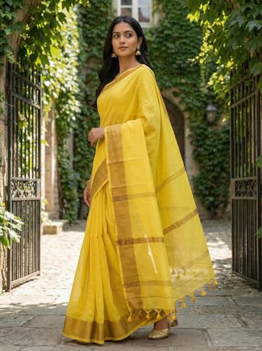 Image of Cotton Silk Sarees with zari border l Solid color cotton silk sarees for women l Bengal Handloom cotton sarees.