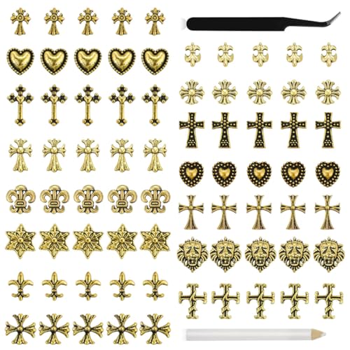 MQLSAERI 75 Stück 3D-Nagel-Charms, verchromtes Metall, Kreuz, silberner Nail-Art-Charm mit Gothic-Retro-Punk-Herzen und Totenköpfen, Maniküre, Nail-Art-Dekorationen - Gold
