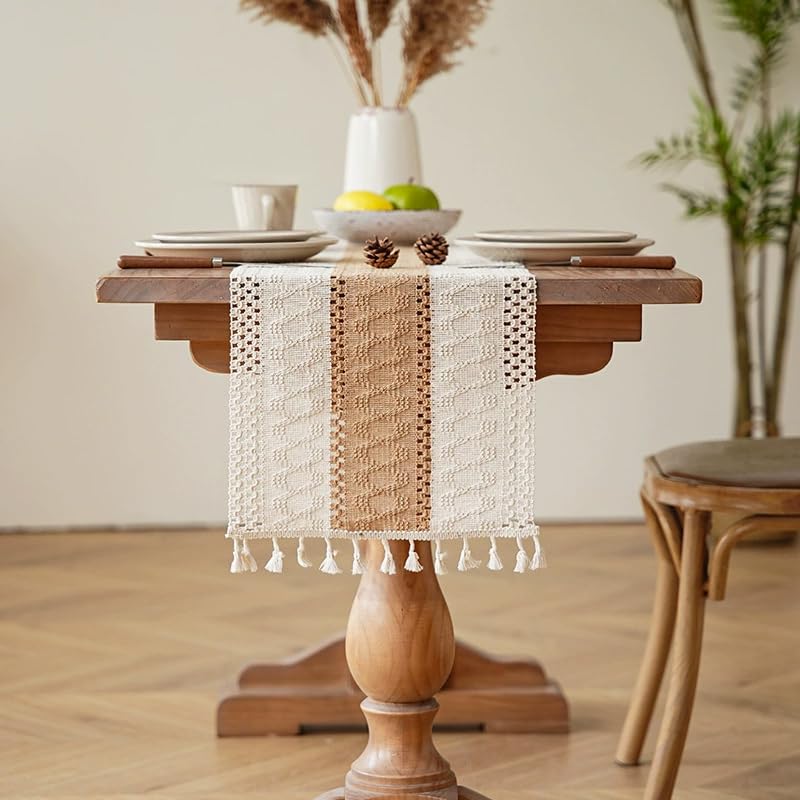 Hand-Woven Macrame Table Runner - Cream Beige Boho Table Cover with Tassels, Rustic Farmhouse Dining Table Decoration for Bohemian Kitchen & Dining Room (L,30x45cm)