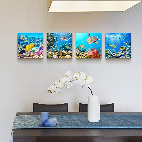 Image of Bathroom Wall Decor Canvas Wall Art For Living Room Office Decor Modern Bedroom Home Decor 4 Panels Stretched And Framed Ready To Hang Blue Ocean Theme Sea Fish And Sea Turtles Undersea World Draw