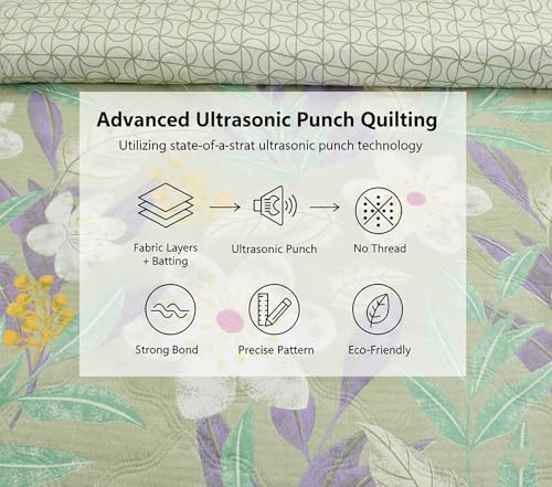 Image of IVAZA Luxury Ultrasonic Punch AC Comforter Blanket - Quilted Microfiber Floral Pattern, Lightweight Breathable All‑Season Blanket for Bedroom, Travel (Singled Bed,228x152 CM) Green White Rose