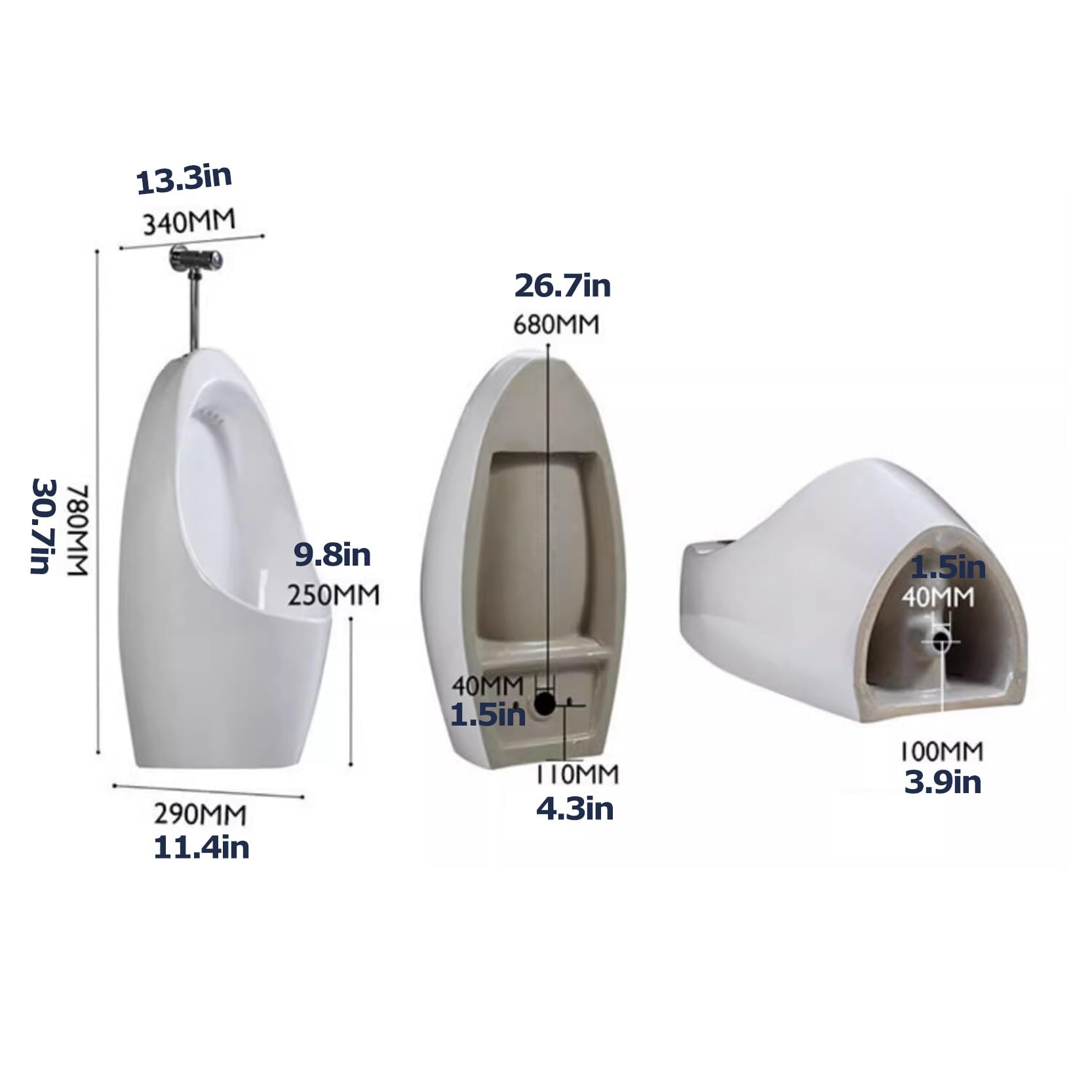 Naścienny ceramiczny pisuar dla mężczyzn, ręczny zawór spłukujący, cicha konstrukcja bez rozprysków do domowej łazienki, biura, hotelu i toalet publicznych, łatwy w instalacji