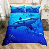 Erosebridal 3D Digital Printing Shark Comforter Cover Underwater World Fish Bedding Sets Soft and Comfortable Bed Cover, 100% Microfiber Duvet Cover Sets 3 Pcs with 2 Pillowcases (Blue, Full)