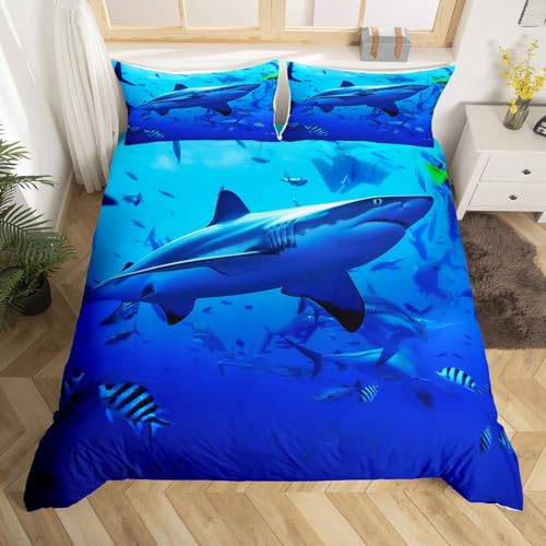 Erosebridal Shark Bedding Duvet Cover Ocean Comforter Cover Watercolor Fish Quilt Cover Sea Animal Bedspread,Decoration Bedding Sets 3 Pcs with 2 Pillowcases (Blue,Queen)