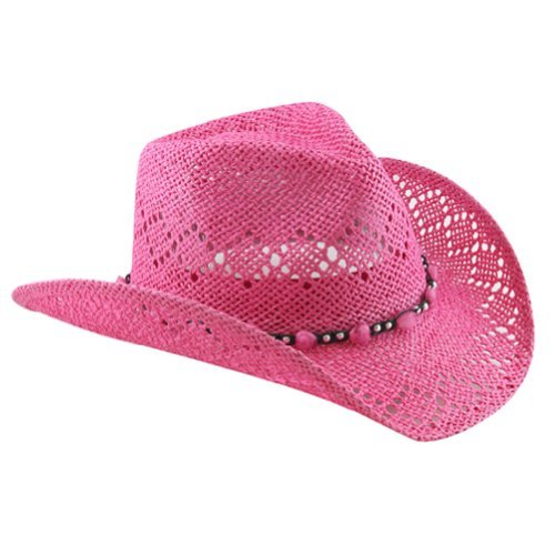 Vamuss Straw Cowboy Hat For Women With Beaded Trim And Shapeable Brim (Pink) #TOP16