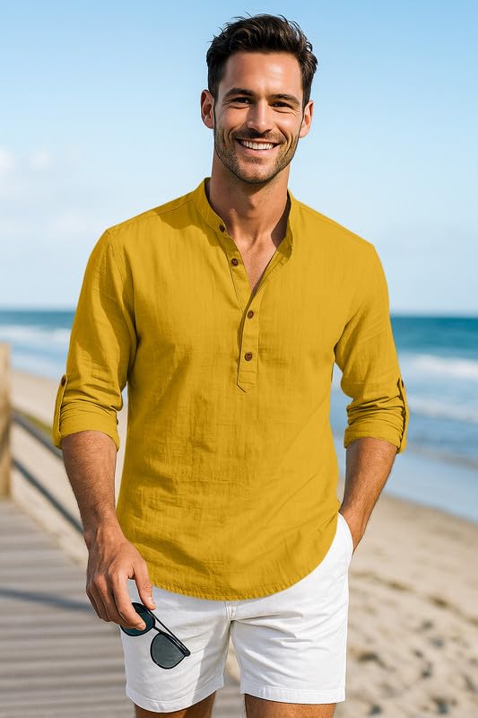 Image of Macsivo Men's Cotton Blend Solid Short Kurta with Mandarin Collared Full Sleeve Drawstring Stylish Straight Length | Kurta for Men Stylish