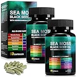 KITNOBLIS Sea Moss Black Seed Oil Capsules with Ashwagandha, Ginger, Turmeric, Burdock Root, Bladderwrack, Vitamin C & Vitamin D3, Herbal Supplement (120 Capsules)