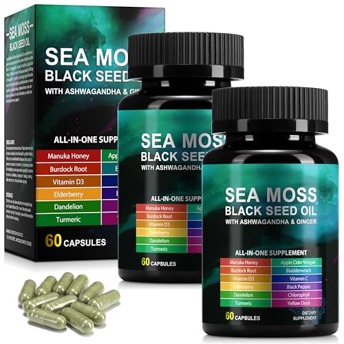 KITNOBLIS Sea Moss Black Seed Oil Capsules with Ashwagandha, Ginger, Turmeric, Burdock Root, Bladderwrack, Vitamin C & Vitamin D3, Herbal Supplement (120 Capsules)