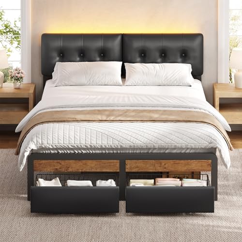 KIMENICH Bett 140x200 cm, Metallbett Bettgestell mit LED-Beleuchtung, Bettrahmen mit 2 Schubladen, Höhenverstellbares Kopfteil, Doppelbett mit...