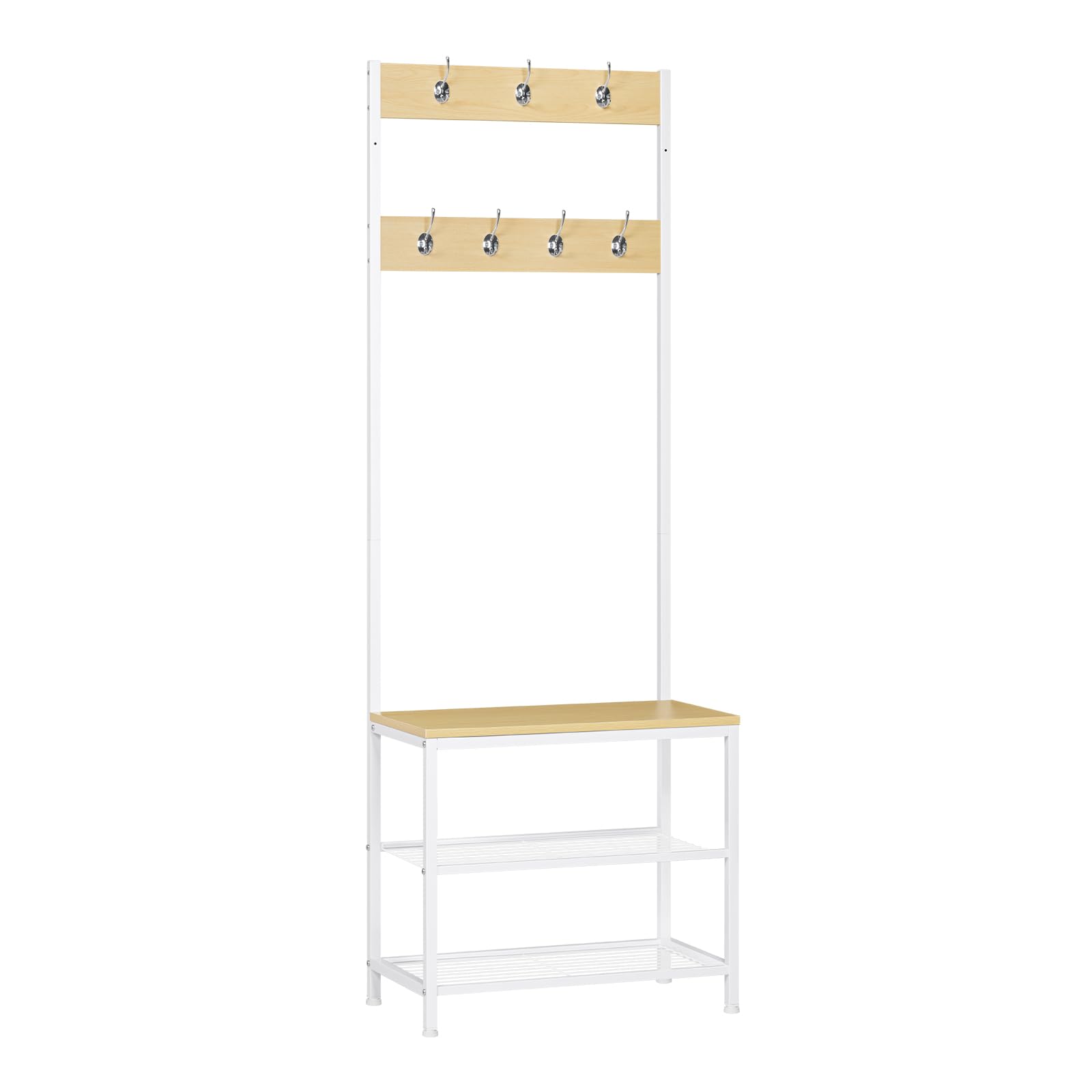 WOLTU Appendiabiti Panca Porta Scarpe 3 in 1, Scaffale per Scarpe a 2 Livelli con Sedile e 7 Ganci, per Corridoio/Ingresso, Metallo + Legno Ingegnerizzato, Bianco + Rovere Chiaro, 60x31,5x170cm
