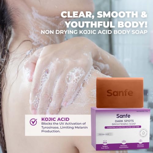 Image of Sanfe Soaps Kojic Acid Soap for Bath | Detan Soap | Dark Spots Brightening & Pigmentation Removal | Skin Whitening Soap Bar | Tanning Removal Soap for Men & Women | 75g | Pack of 3