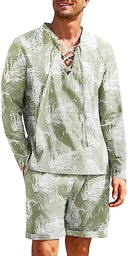 COOFANDY Mens 2 Piece Cotton Linen Set Beach Outfit Hippie Shirt And Short Medieval Long Sleeve Casual Yoga Set