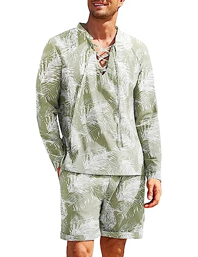 Coofandy Mens 2 Piece Cotton Linen Set Beach Outfit Hippie Shirt And Short Medieval Long Sleeve Casual Yoga Set #TOP19