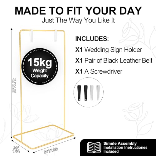 Wedding Stand for Welcome Sign, Adjustable Welcome Sign Stand for Party, Floor Display Stand with Ground Stakes & PU Leather Sign Hanging Straps, 68”x 30”x 20” Heavy Duty Easel Stand for Display(Gold) by EtsRmi - Image 8