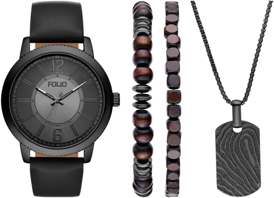 Folio Men's Three Hand Black Polyurethane Watch Gift Set