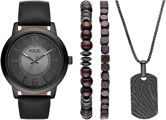Folio Mens Three Hand Black Polyurethane Watch Gift Set