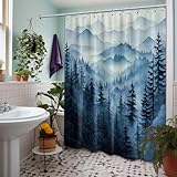 QGHOT Navy Blue Forest Shower Curtain Dark Blue Mountain Nature Shower Curtains for Mens Bathroom Decor, Waterproof Fabric with Hooks, 70x84in