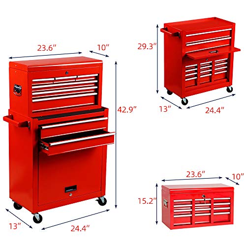 8-Drawer Rolling Tool Chest, High Capacity Tool Chest Tool Cabinet with Keyed Locking System, Removable Tool Box Organizer, Tool Box with Sliding Drawers and 4 Wheels for Workshop Garage (Red)