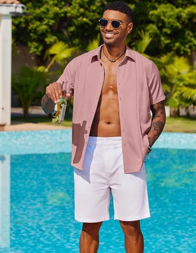 Image of COOFANDY Mens Cuban Guayabera Shirt Short Sleeve Button Down Shirts Summer Beach Vacation Shirts
