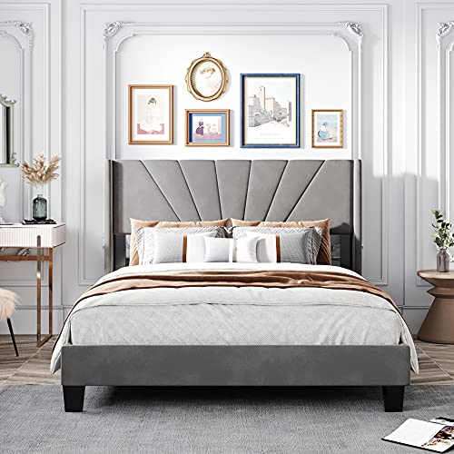 Jry, Queen Size Velvet Upholstered Platform Bed With Headboard And Slat Support，Pinewood Comfortable Platform Bed Frame For Bedroomguest Room (Gray), Grey #TOP1
