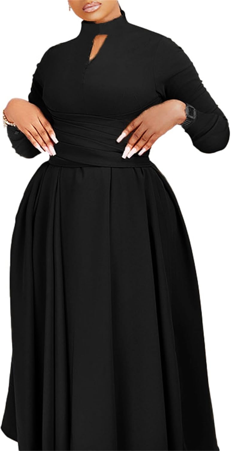 Women's Long Sleeve Maxi Dress High Waist Ruched A Line Swing Cocktail Party Dresses Plus Size - Image 2