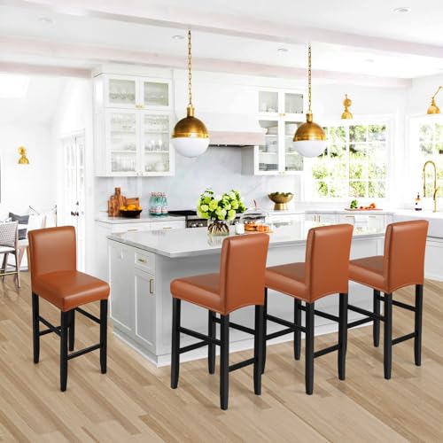 Image of YISUN Bar Stool Covers, Stretch Waterproof PU Bar Stool Slipcover Removable Washable Bar Stool Chair Covers, High Chair Cover with Elastic Bands (4 Pack, Light Brown)
