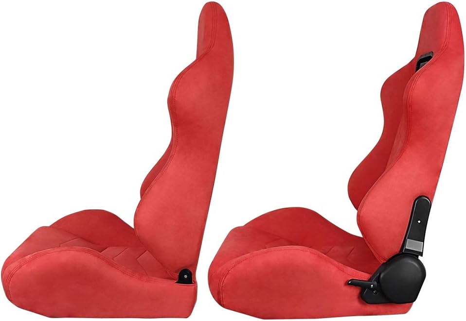 FREEMOTOR802 Universal Racing Seats, Reclinable Sport Seats with Dual Lock Sliders Adjustable, 1 Pair (Driver + Passenger Side), Suede, Red