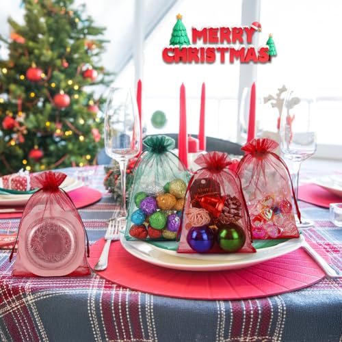 Image of HRX Package 100pcs Organza Bags Dark Green & Red, 4x6 inch Small Christmas Gift Bags Mesh Candy Jewelry Pouches