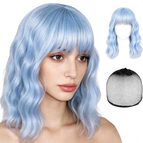 Blue Wig with Hair Net Blue Wigs for Women with Fringe Light Blue Wig for Cosplay Events and Themed Parties 35cm Synthetic Blue Bob Wig