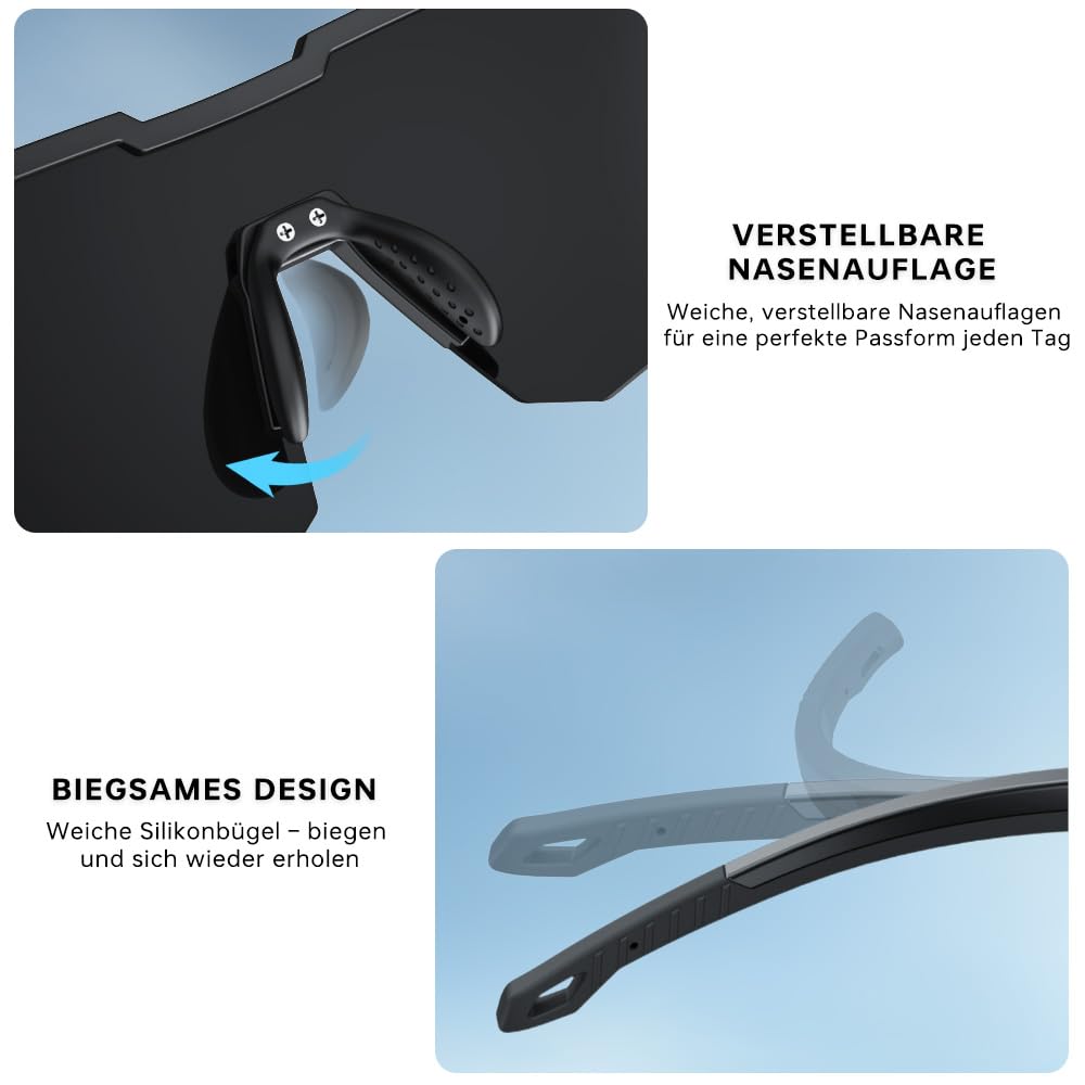 X-TIGER Schnelle Brille Herren, Damen Fahrradbrille Ultra-Leichter TR90 Rahmen, UV400 Schutz polarisierte Sportbrille mit verstellbarem Nasenpad und Ohrhaken für Laufen/Fahrrad/Angeln - 5