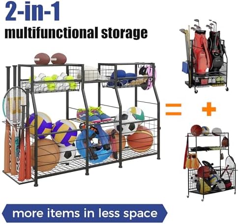 LUMAMU Small Garage Sports Equipment Organizer,Ball Storage Rack with Elastic Rope,Garage Organizer System, Indoor/Outdoor Shelf Rack for Sports Gear and Toys Storage