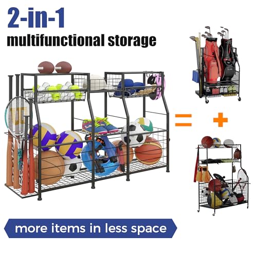 image for LUMAMU Small Garage Sports Equipment Organizer,Ball Storage Rack with 